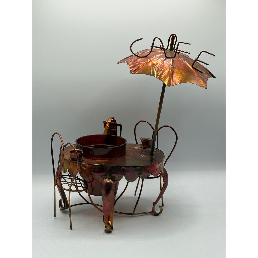 Vintage Iridescent Copper Metal Cafe Music Box Miniature Table Umbrella Scene